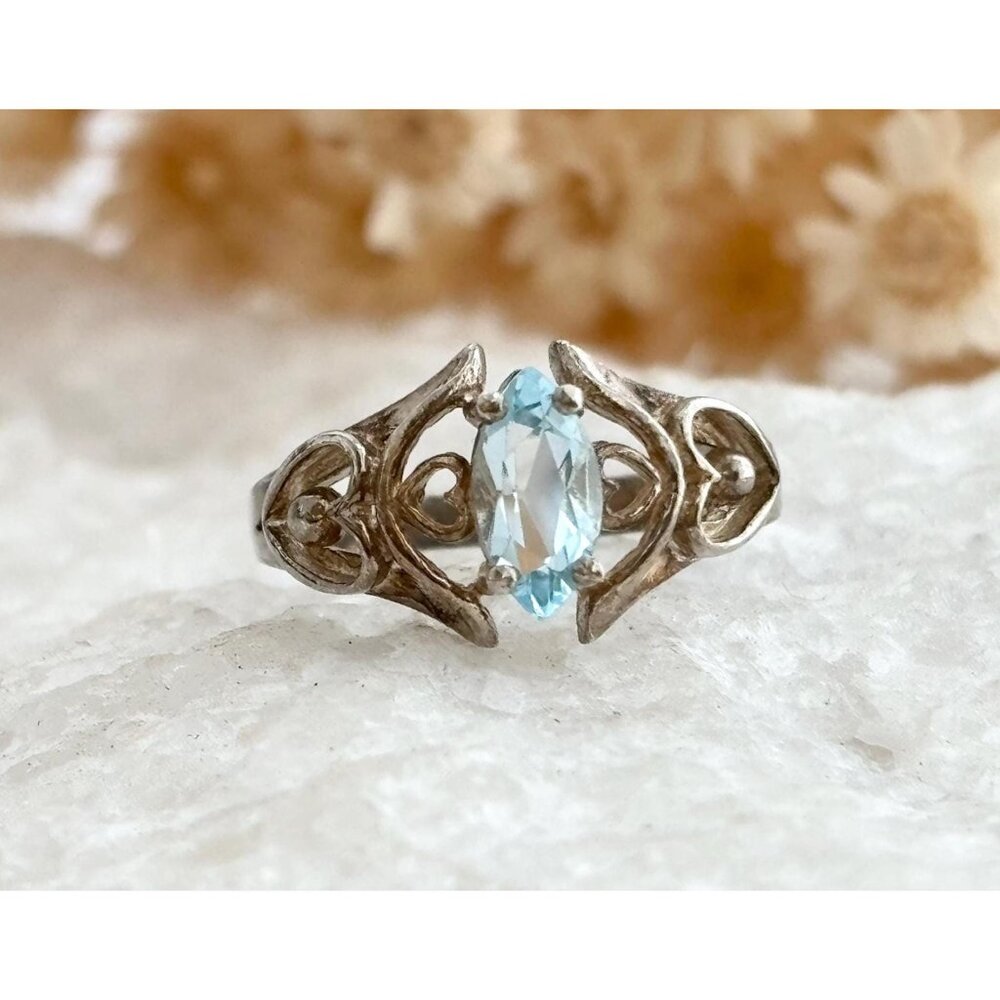 Aquamarine Semi-Precious 925 Solitaire Heart Sterling Silver Vintage Ring - sz 5